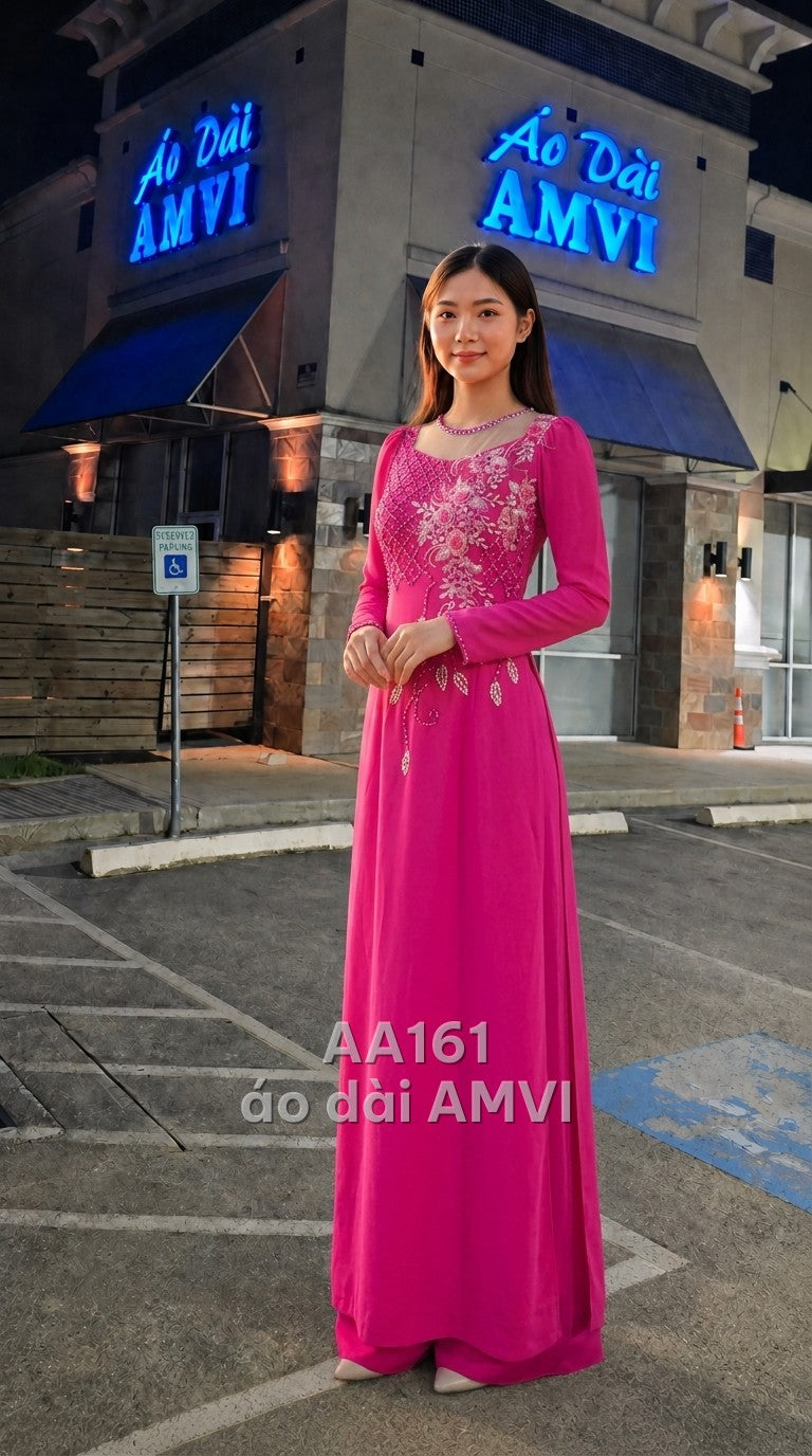 Áo dài dạ hội kết hợp váy bên trong, lụa hồng rực rỡ thêu hoa đính cườm dự tiệc sang trọng, mã AA161