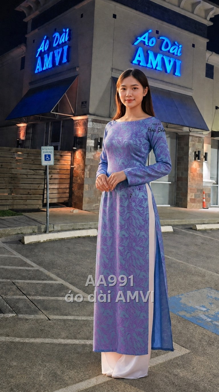 Áo - Gấm Lụa Xanh Hoa Bèo Tím Thanh Lịch Dự Tiệc - AA991