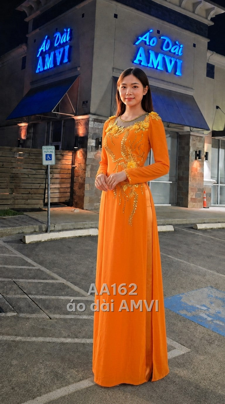 Áo dài dạ hội kết hợp váy bên trong, lụa cam thêu đính hoa 3D cổ thuyền sang trọng, mã AA162