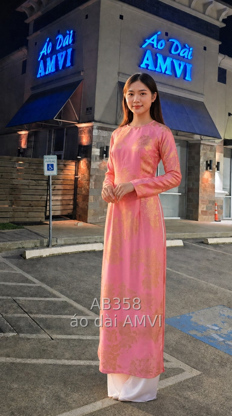 Áo Dài Hồng Sen Cổ Tròn Họa Tiết Chìm Sang Trọng Thanh Lịch - AB358