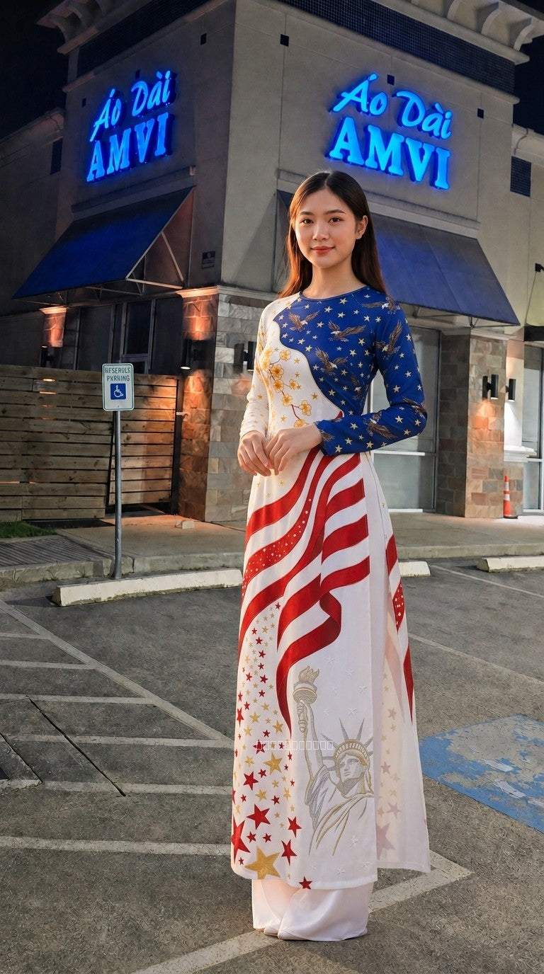 Modern White, Blue, and Red Silk Ao Dai with Unique American Pattern - AB379