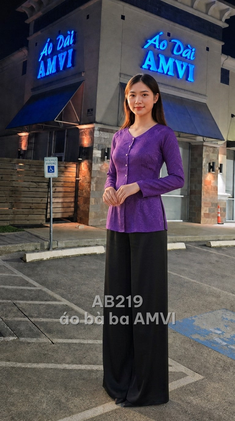 Áo - Tím Cổ V Tay Dài Hoa Văn Chìm Hiện Đại - AB219