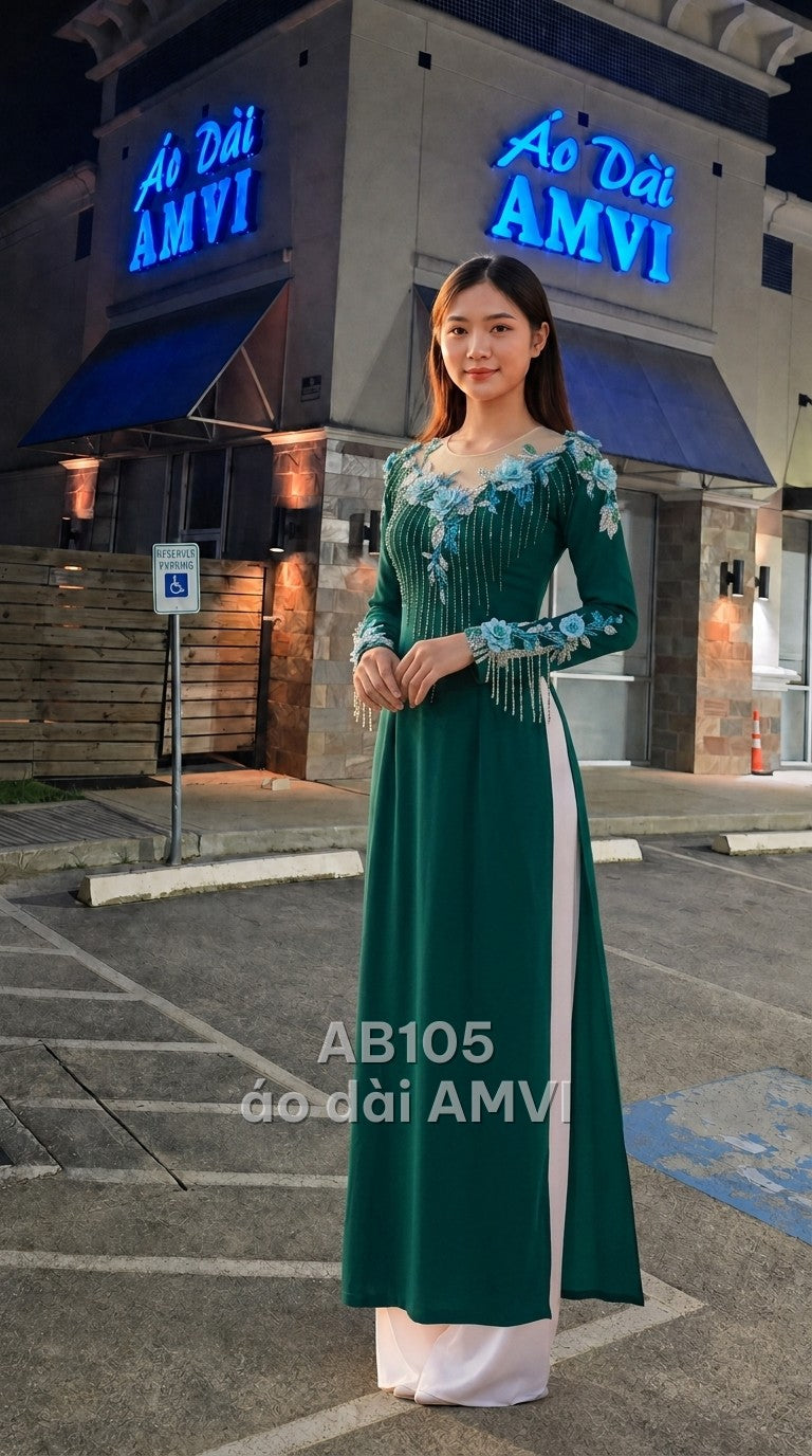Áo - Voan Xanh Lá Đính Hoa Nổi Lấp Lánh Dự Tiệc - AB105