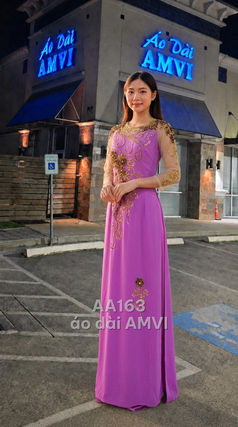 Áo dài dạ hội kết hợp váy bên trong, lụa tím thêu kim sa hoa văn sang trọng dự tiệc cưới, mã AA163