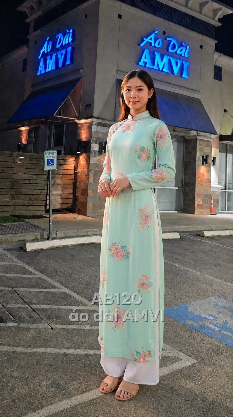 Lụa Voan Xanh Thêu Hoa Hồng Nhẹ Nhàng Dự Tiệc Cổ Cao - AB120