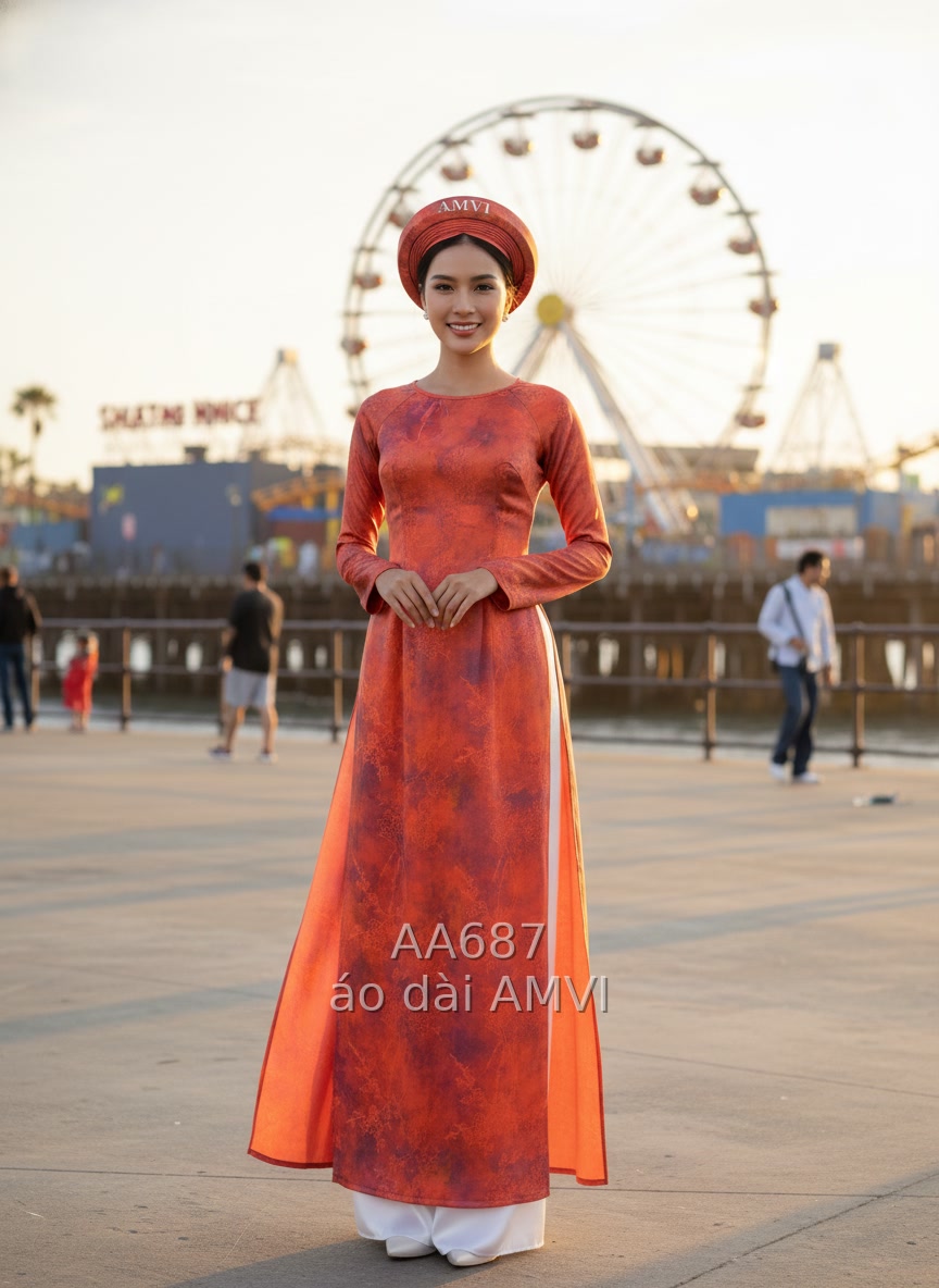 Áo dài màu cam trẻ trung họa tiết hoa loang lổ tại Santa Monica Pier, mã AA687
