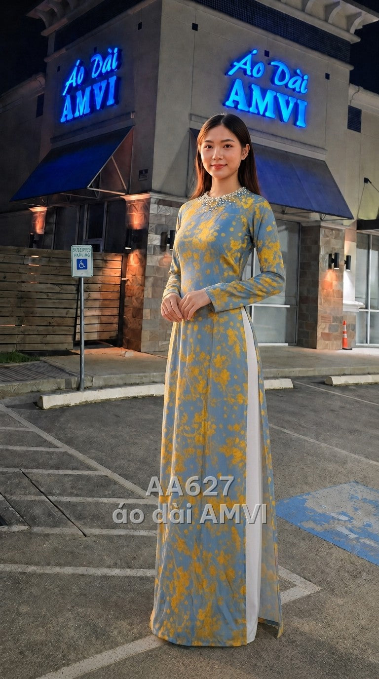 Áo - Gấm Xám In Hoa Văn Cổ Cao Đính Ngọc Trai Tinh Tế - AA627