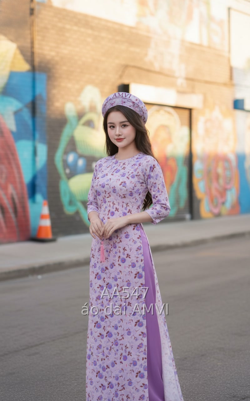 Áo Dài Nữ Hoa Nhí Tím Trẻ Trung Tại Wynwood Walls Miami - AA547