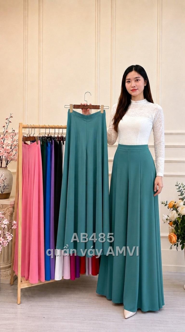 Quần lụa mặc với áo dài xanh trơn thanh lịch cổ cao dáng suông, mã AB485