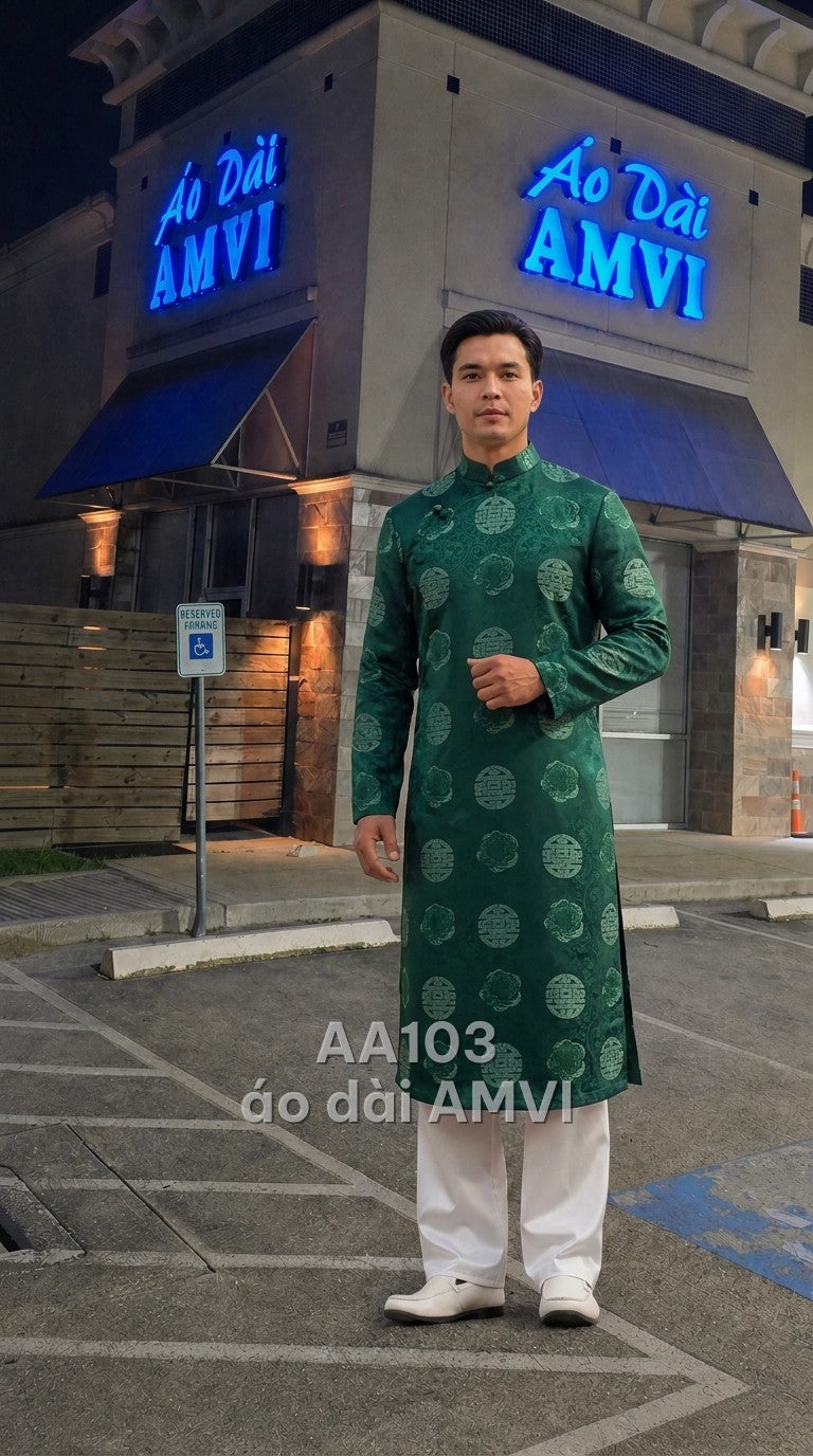 Áo - Gấm Xanh Lá Đậm Họa Tiết Phúc Thọ Lễ Tết Trang Trọng - AA103