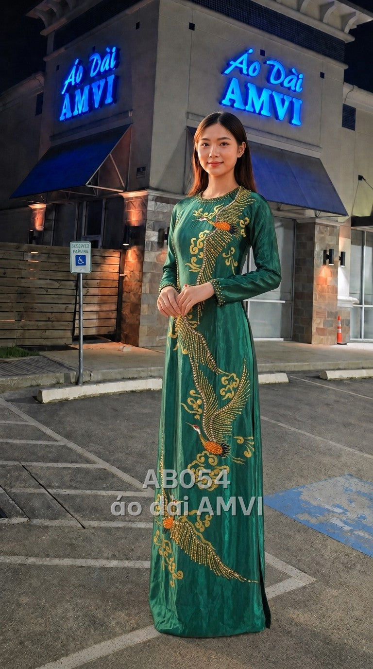 Áo - Lụa Bóng Xanh Thêu Hạc Đính Cườm Sang Trọng Dự Tiệc - AB054