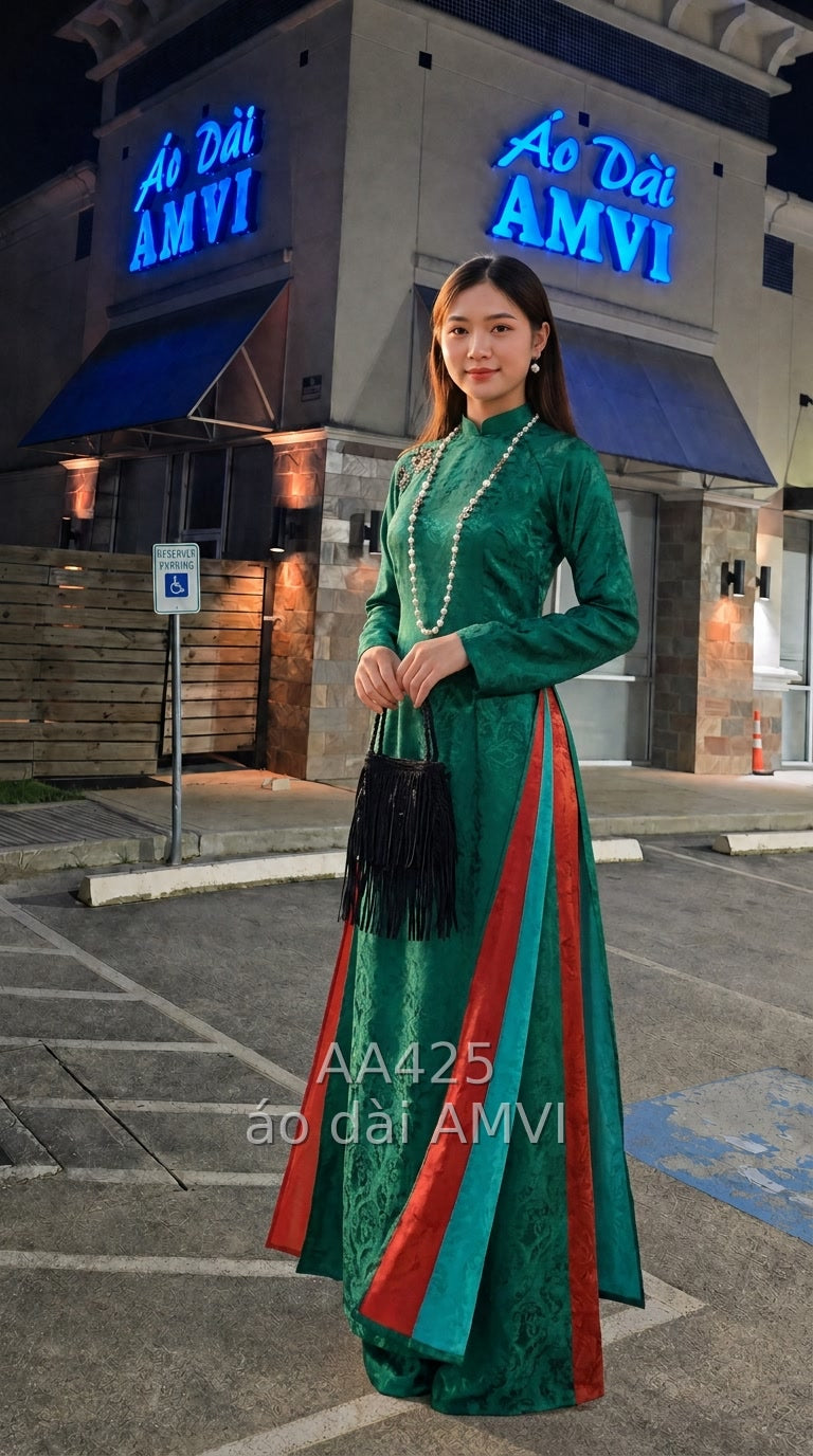 Áo Dài Gấm Xanh Ngọc Lục Bảo Thêu Hoa Cách Tân Dự Tiệc - AA425