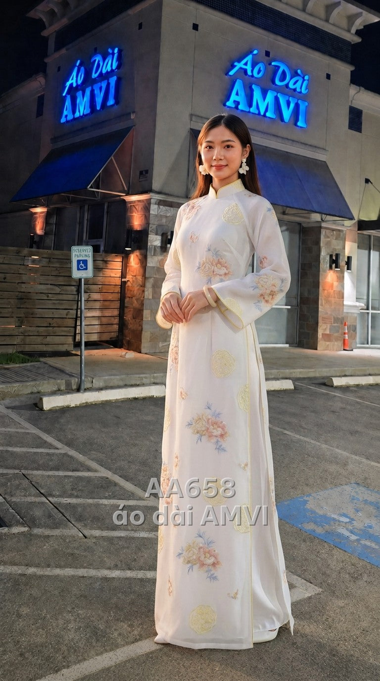 Áo dài lụa trắng thêu hoa lá pastel tay loe dự tiệc, mã AA658