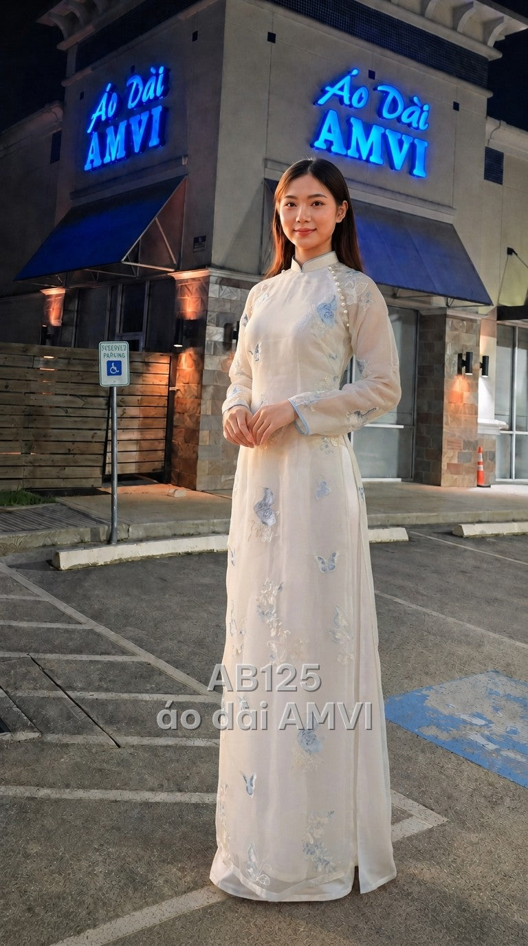 Voan Lụa Kem Thêu Bướm Hoa Cổ Tàu Thanh Lịch - AB125