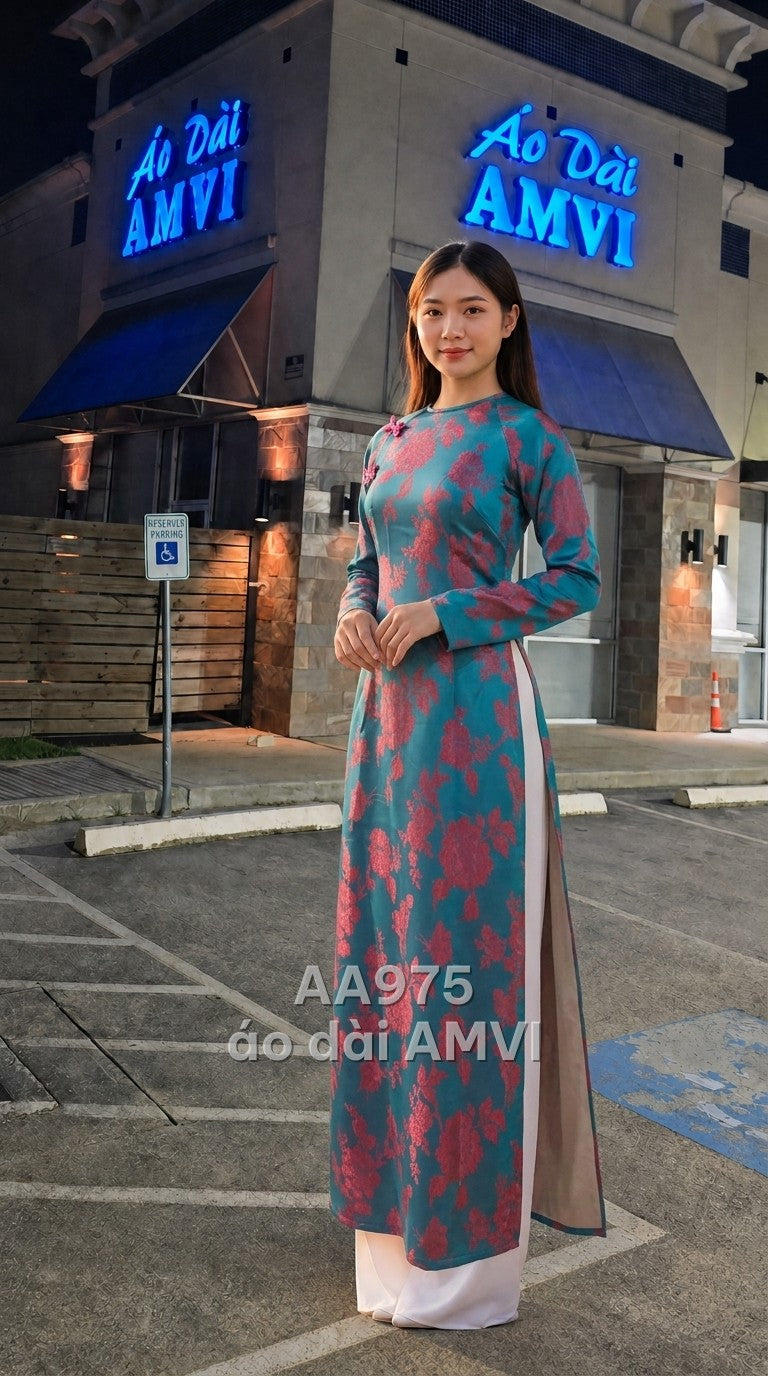 Áo - Gấm Xanh Dương Họa Tiết Hoa Nút Thắt Bướm Thanh Lịch - AA975