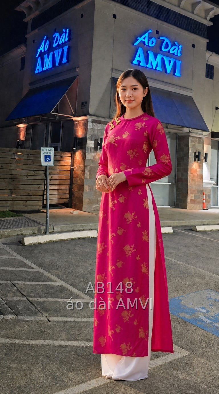 Áo dài dạ hội hồng cánh sen họa tiết vàng chìm, vẻ đẹp Việt tại The Met, mã AB148