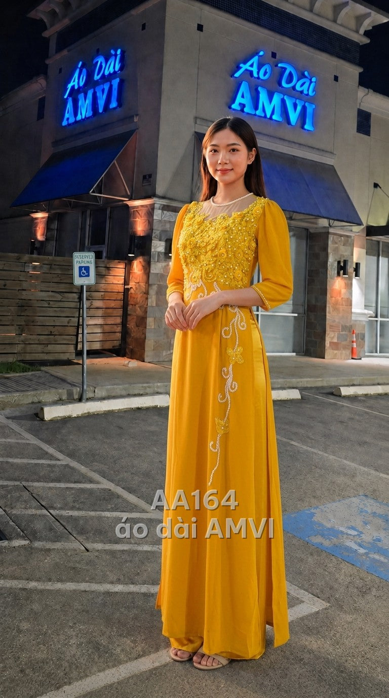 Áo dài dạ hội kết hợp váy bên trong, vàng thêu hoa 3D ngọc trai lấp lánh cổ tròn sang trọng, mã AA164