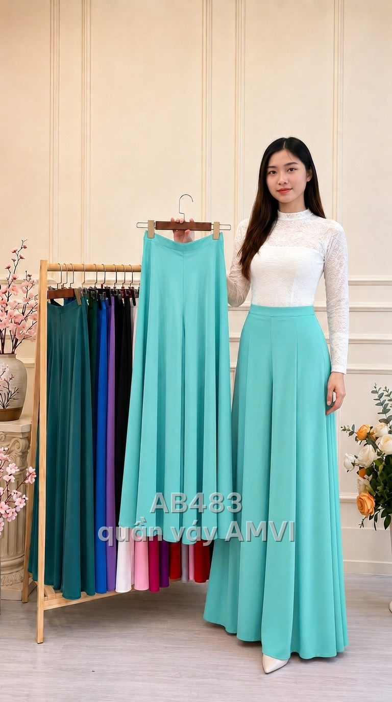 Quần lụa mặc với áo dài mềm xanh sáng dáng maxi thướt tha, mã AB483