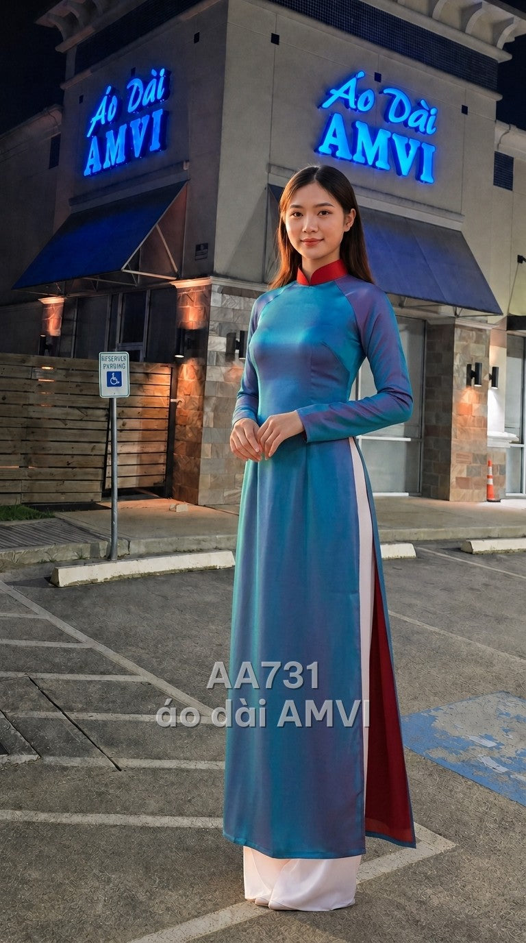 Áo+Quần - Lụa Xanh Cô Ban Phối Đỏ Cổ Tàu Truyền Thống Sang Trọng - AA731