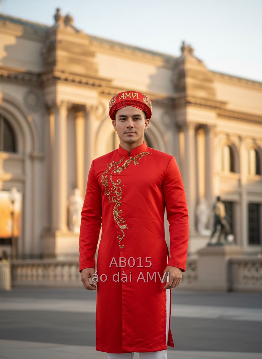 Áo dài cưới nam đỏ rồng vàng, vẻ đẹp Việt tại The Met New York, mã AB015