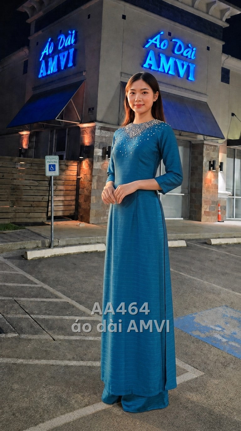 Áo dài dạ hội kết hợp váy bên trong, vải xanh dương đính kết sang trọng dự tiệc cổ thuyền, mã AA464