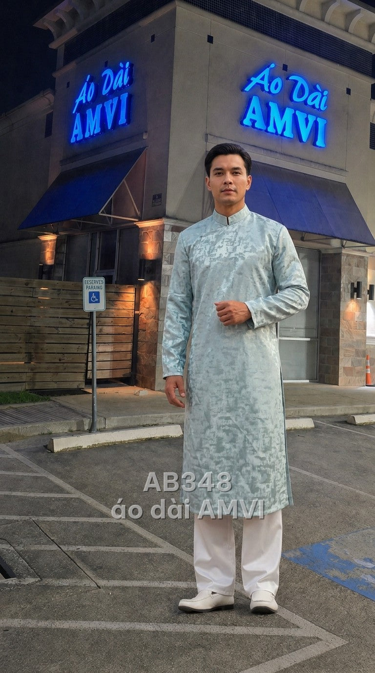 Áo - Lụa Xanh Vân Chìm Cổ Trụ Đắp Tà Thanh Lịch - AB348