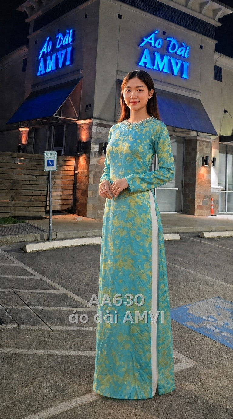 Áo - Lụa Xanh Họa Tiết Hoa Vàng Đính Ngọc Trai Sang Trọng - AA630