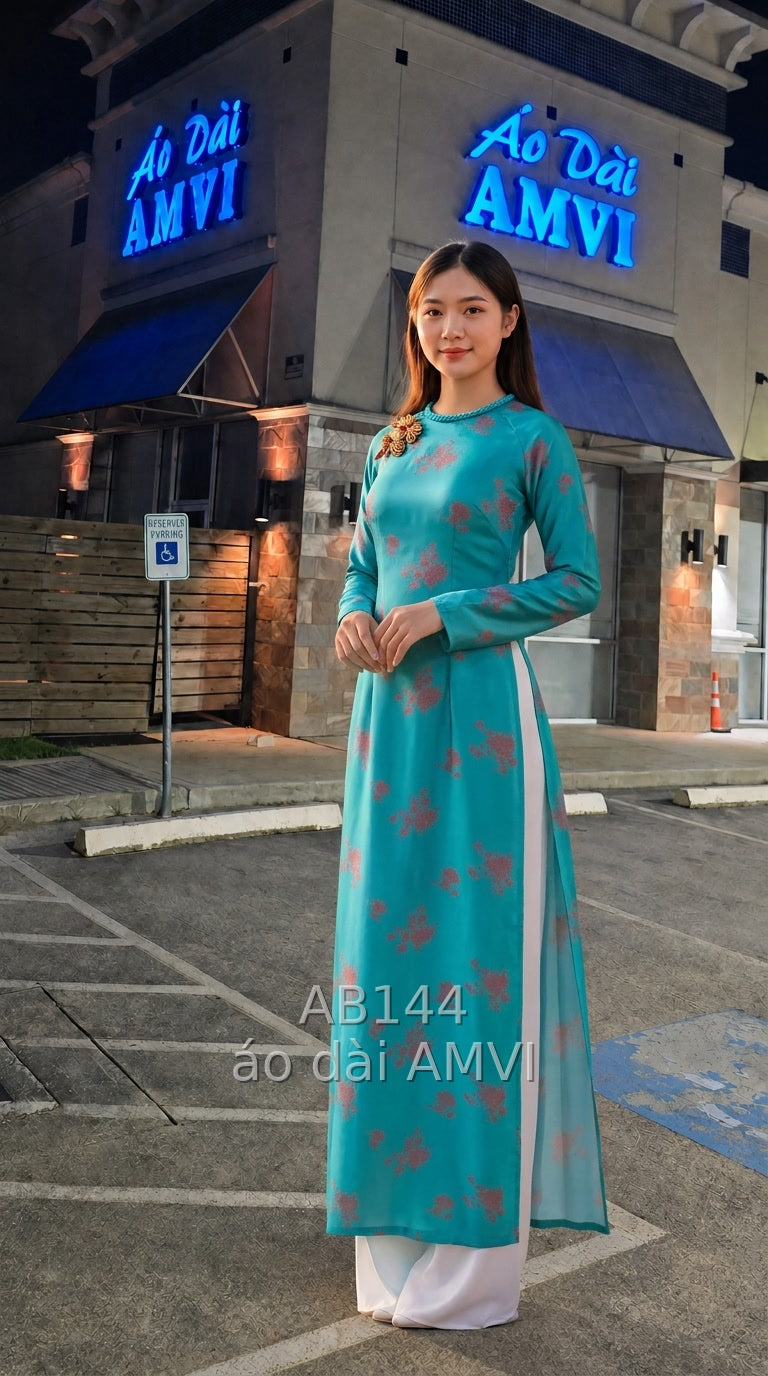 Áo dài truyền thống xanh ngọc họa tiết hoa, vẻ đẹp Việt tại Washington DC, mã AB144