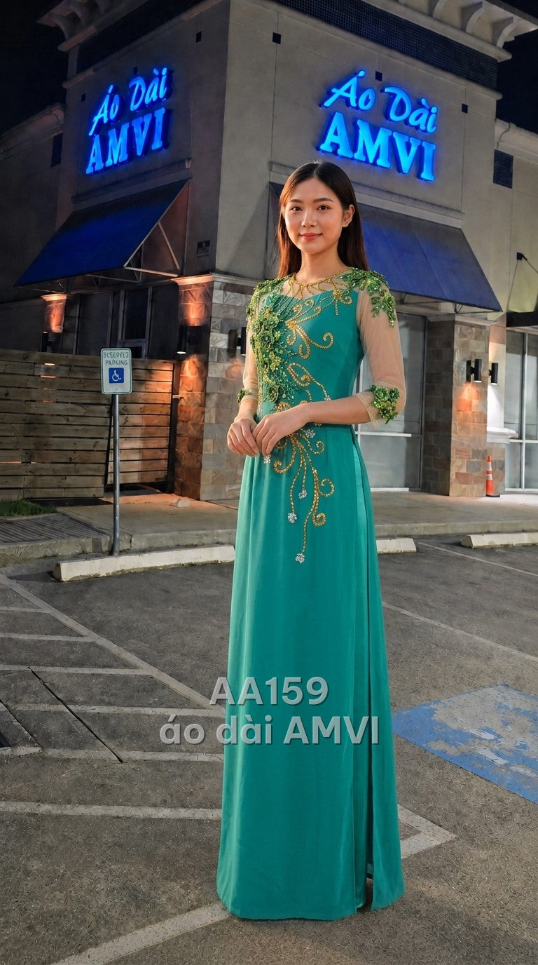 Áo dài dạ hội kết hợp váy bên trong, lụa xanh voan thêu hoa 3D kim sa sang trọng, mã AA159