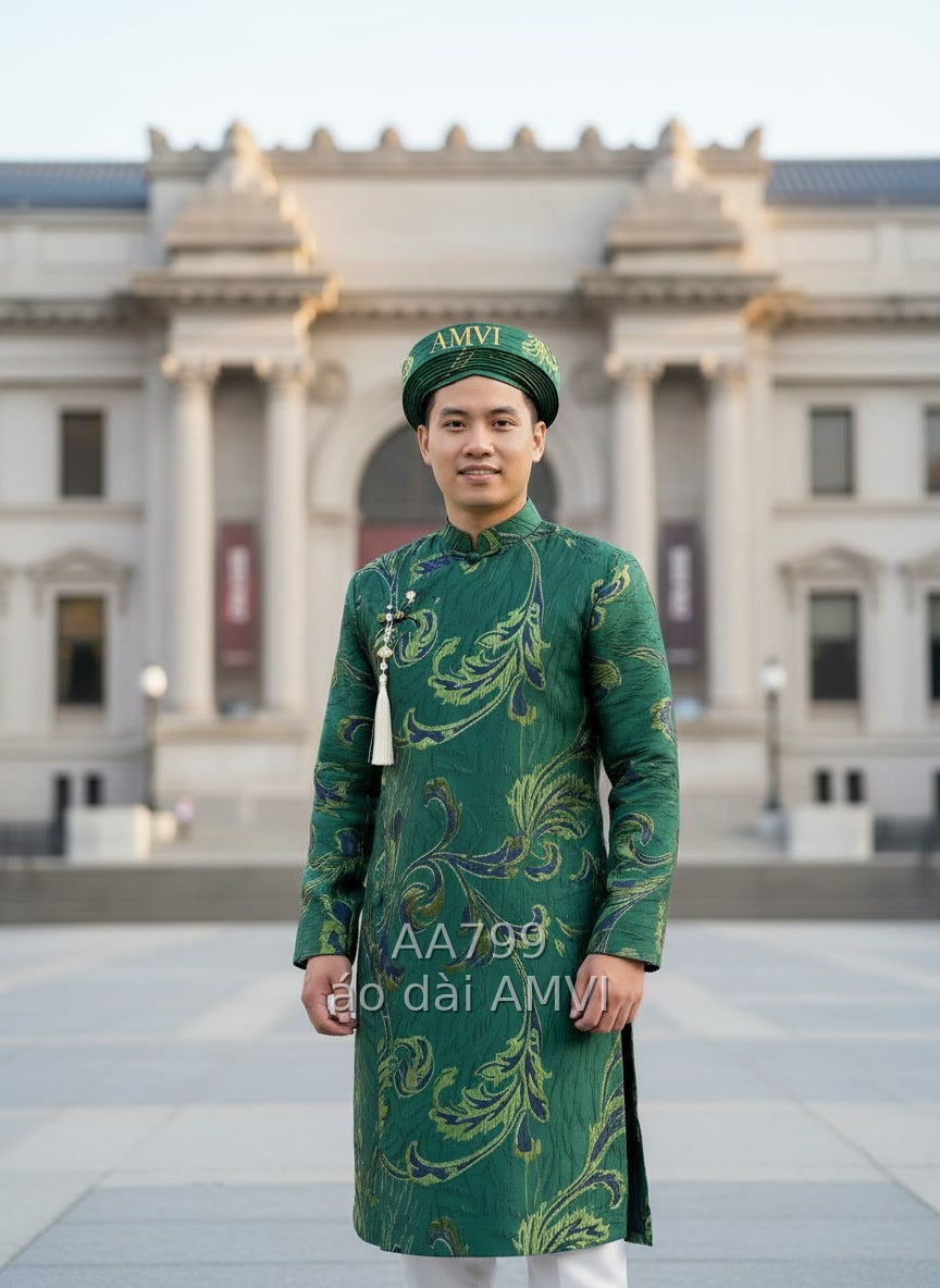 Áo dài nam màu xanh, mã AA799