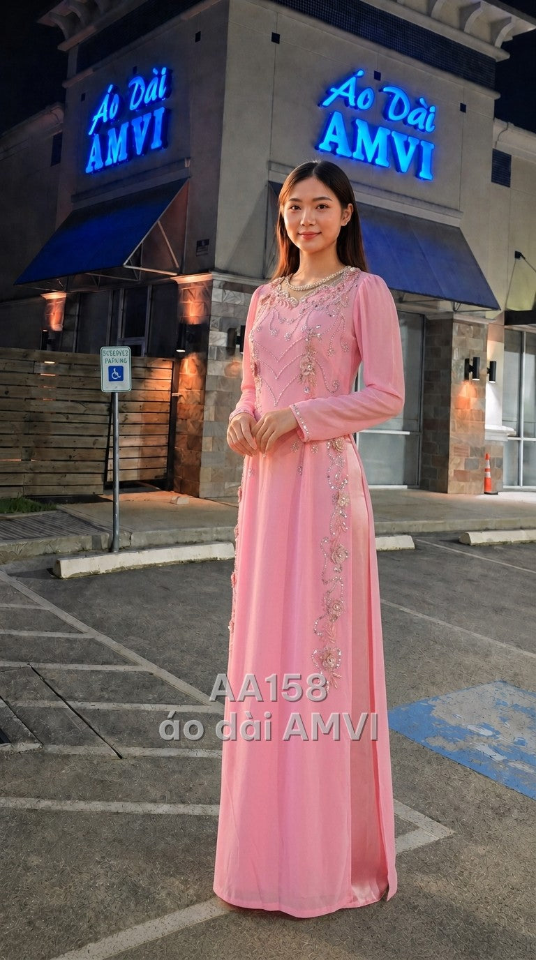 Áo dài dạ hội kết hợp váy bên trong, lụa voan hồng thêu hoa 3D đính kết ngọc trai dự tiệc, mã AA158