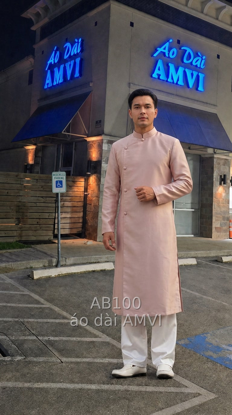 Áo Dài Nam Lụa Hồng Cổ Điển Cúc Bọc Cho Chú Rể - AB100
