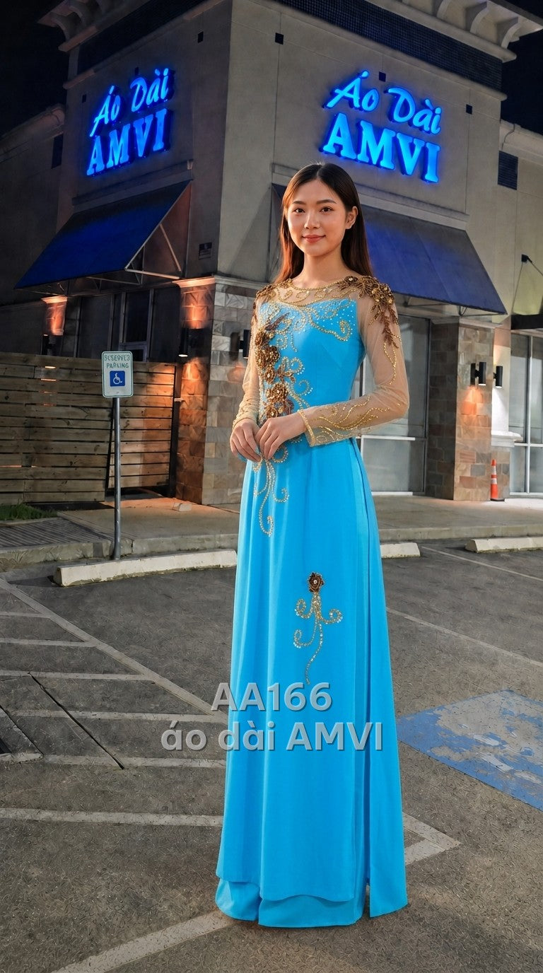 Áo dài dạ hội kết hợp váy bên trong, lụa xanh ngọc thêu hoa ngọc trai dự tiệc sang trọng, mã AA166