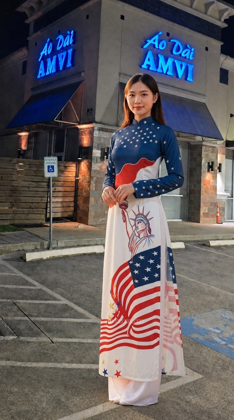 Blue Cheongsam Ao Dai with American Flag and Statue of Liberty Print - AB362