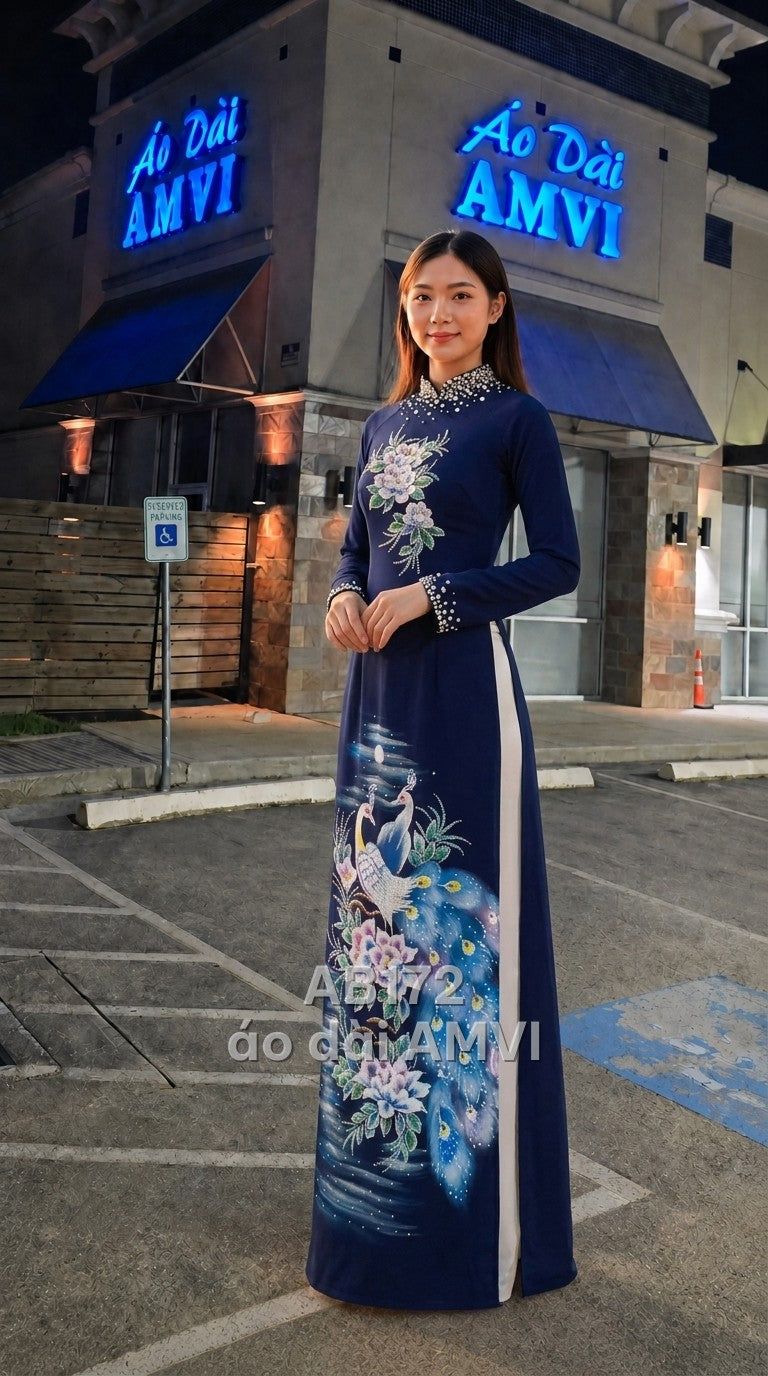 Áo dài dạ hội lụa xanh đính đá thêu hoa công truyền thống dự tiệc, mã AB172