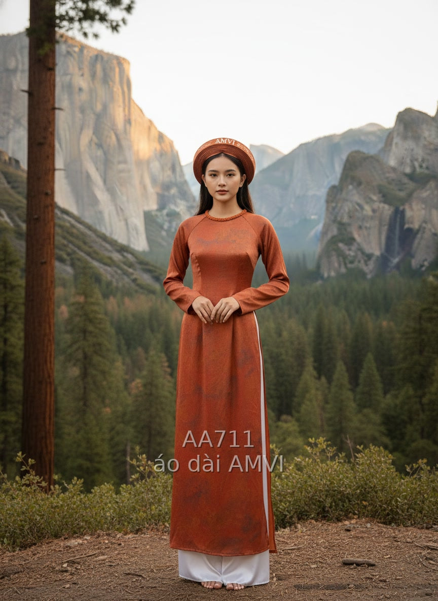 Áo dài truyền thống nữ cam đất loang màu duyên dáng tại Yosemite, mã AA711