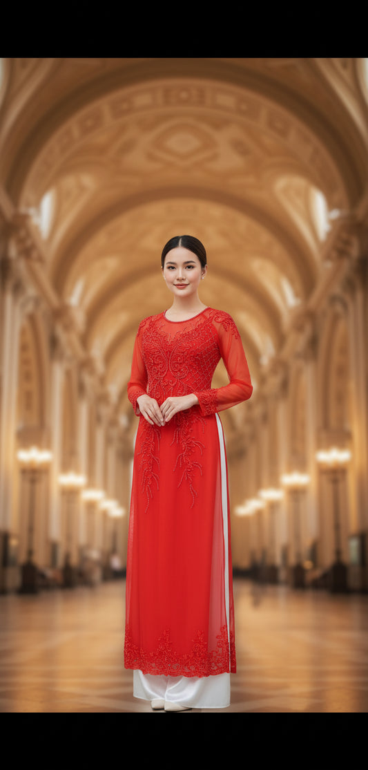 Áo Dài Cưới Đỏ Đính Kết Cao Cấp – Vẻ Đẹp Sang Trọng Từ AMVI - AA354