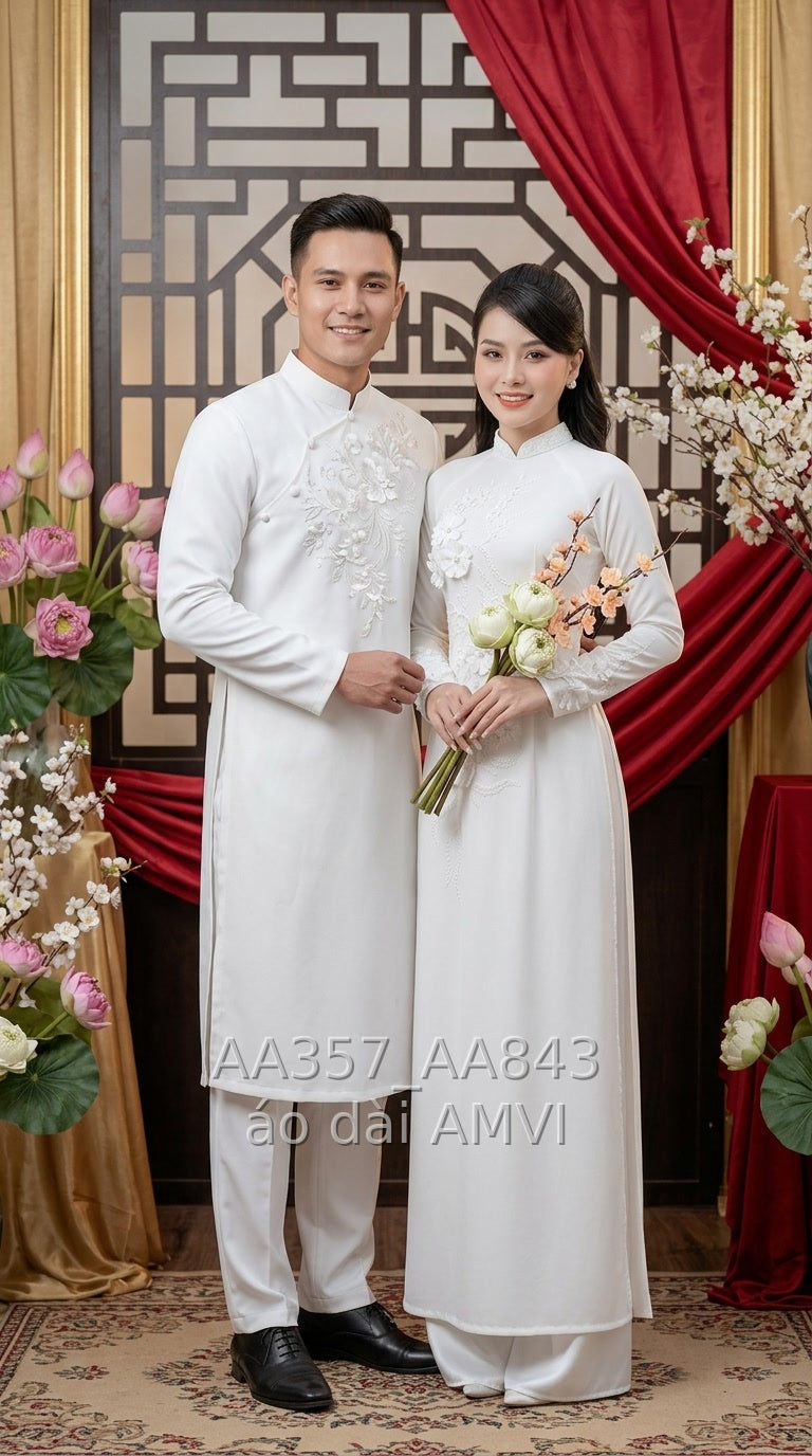 Áo dài cưới nam màu trắng, ảnh chụp cặp đôi, mã AA843