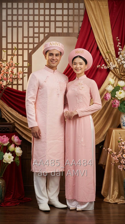 Áo dài cưới nam Song Hỷ hồng nhạt thanh lịch tại The Met, NYC, ảnh chụp cặp đôi, mã AA485