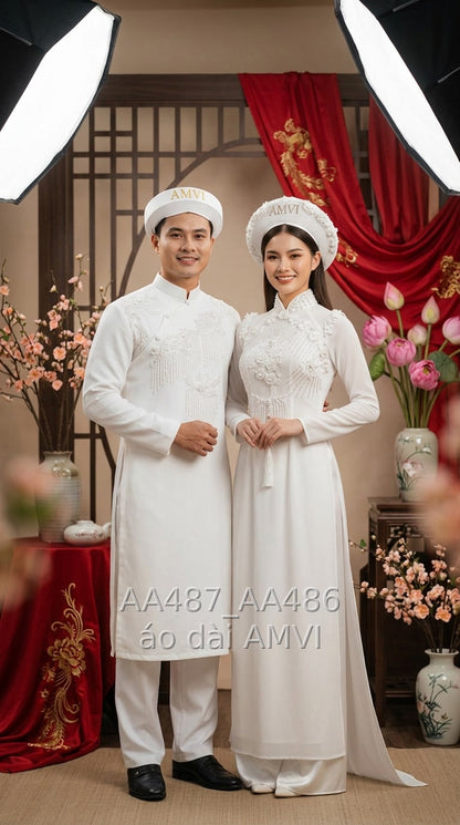 Áo dài cưới nam chú rể trắng tinh xảo tại Bảo Tàng Nghệ Thuật Metropolitan, ảnh chụp cặp đôi, mã AA487