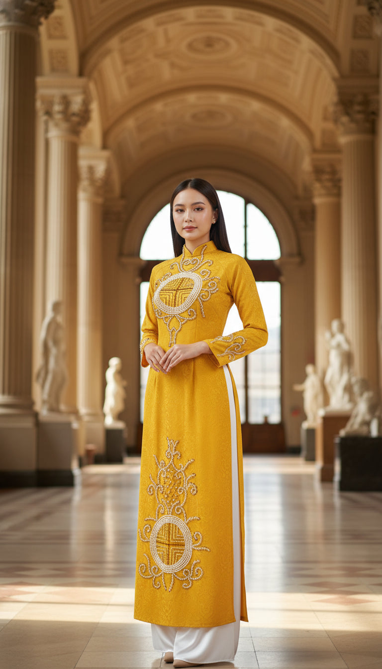 Áo Dài Cách Tân Vàng Hoạ Tiết Cung Đình Sang Trọng | AMVI Ao Dai - AA576