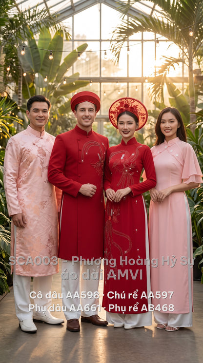 Trọn bộ áo dài cưới cô dâu, chú rể, phụ dâu, phụ rể — cô dâu mặc mã AA598