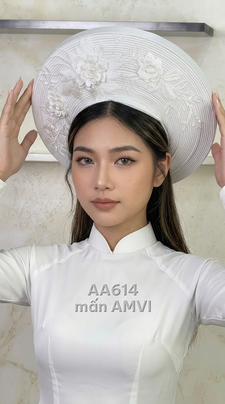 Mấn đội đầu trắng thêu ren hoa 3D vành tròn truyền thống, mã AA614