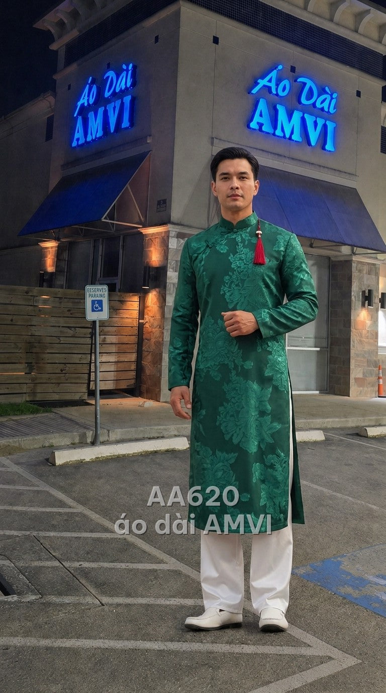 Áo dài cặp cho hai người gấm xanh lá họa tiết nổi cổ điển dự tiệc sang trọng, mã AA620
