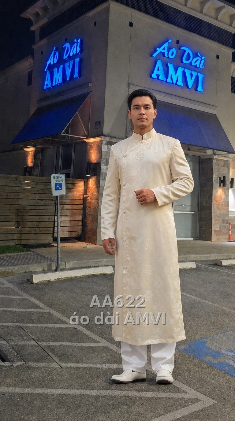 Áo dài cặp cho hai người lụa bóng kem họa tiết chìm cổ tàu Nam tính, mã AA622