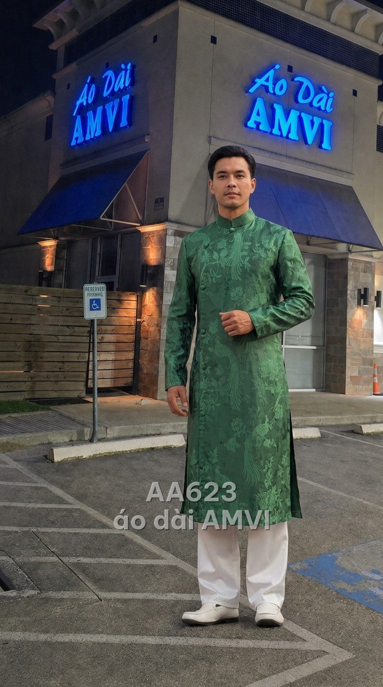 Áo dài cặp cho hai người gấm xanh lá dệt chim phượng hoàng cổ điển sang trọng, mã AA623