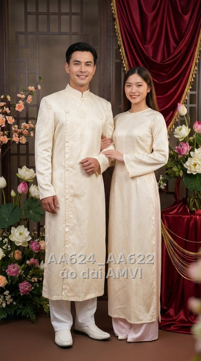 Áo dài cặp cho hai người vải áo dài lụa kem họa tiết hoa tròn ánh kim thanh lịch, ảnh chụp cặp đôi, mã AA624