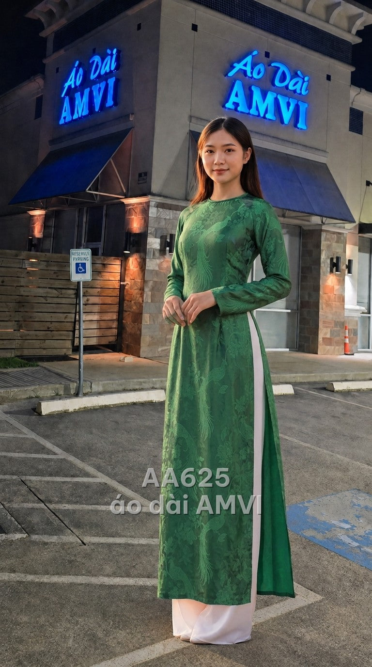 Áo dài cặp cho hai người gấm lụa xanh lá dệt nổi phượng hoàng cổ điển sang trọng, mã AA625