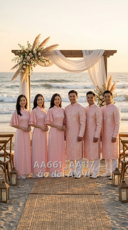 Áo dài nam lụa hồng họa tiết hoa lá thêu nổi cổ điển sang trọng, ảnh chụp cặp đôi, mã AA117