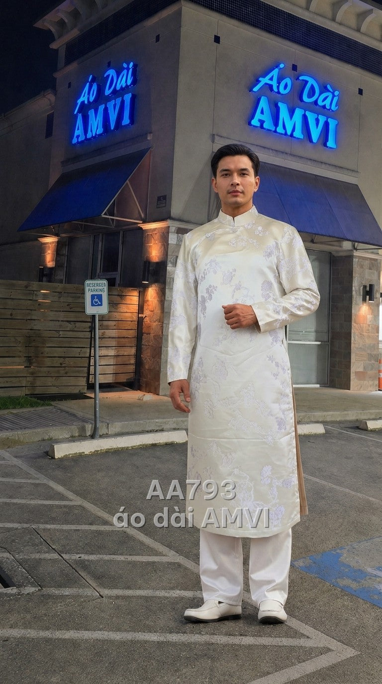 Áo dài cặp cho hai người lụa kem thêu hoa văn cổ trụ truyền thống, mã AA793